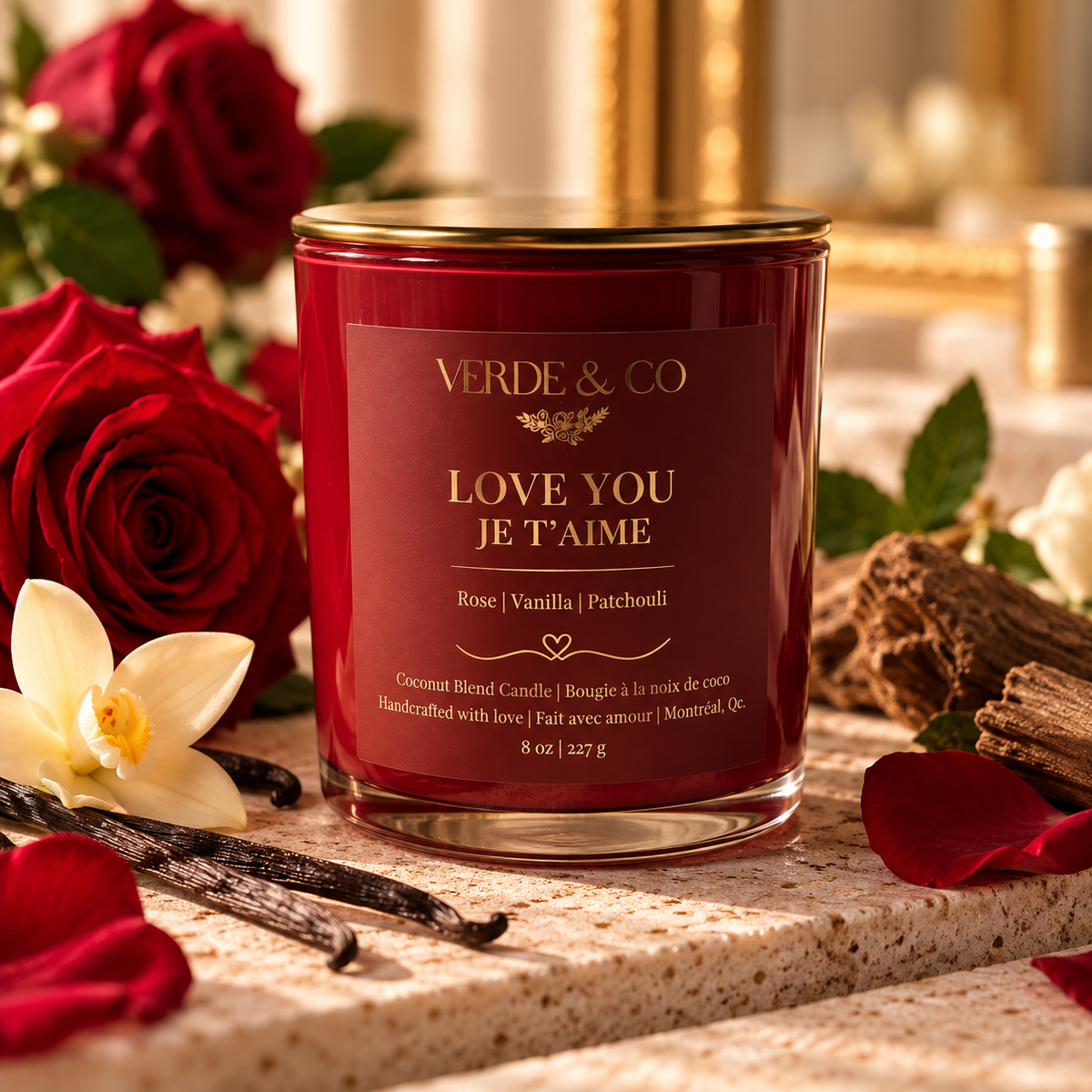 Love You | Je t’aime | Rose, Vanilla & Patchouli Candle | Coconut Soy Wax
