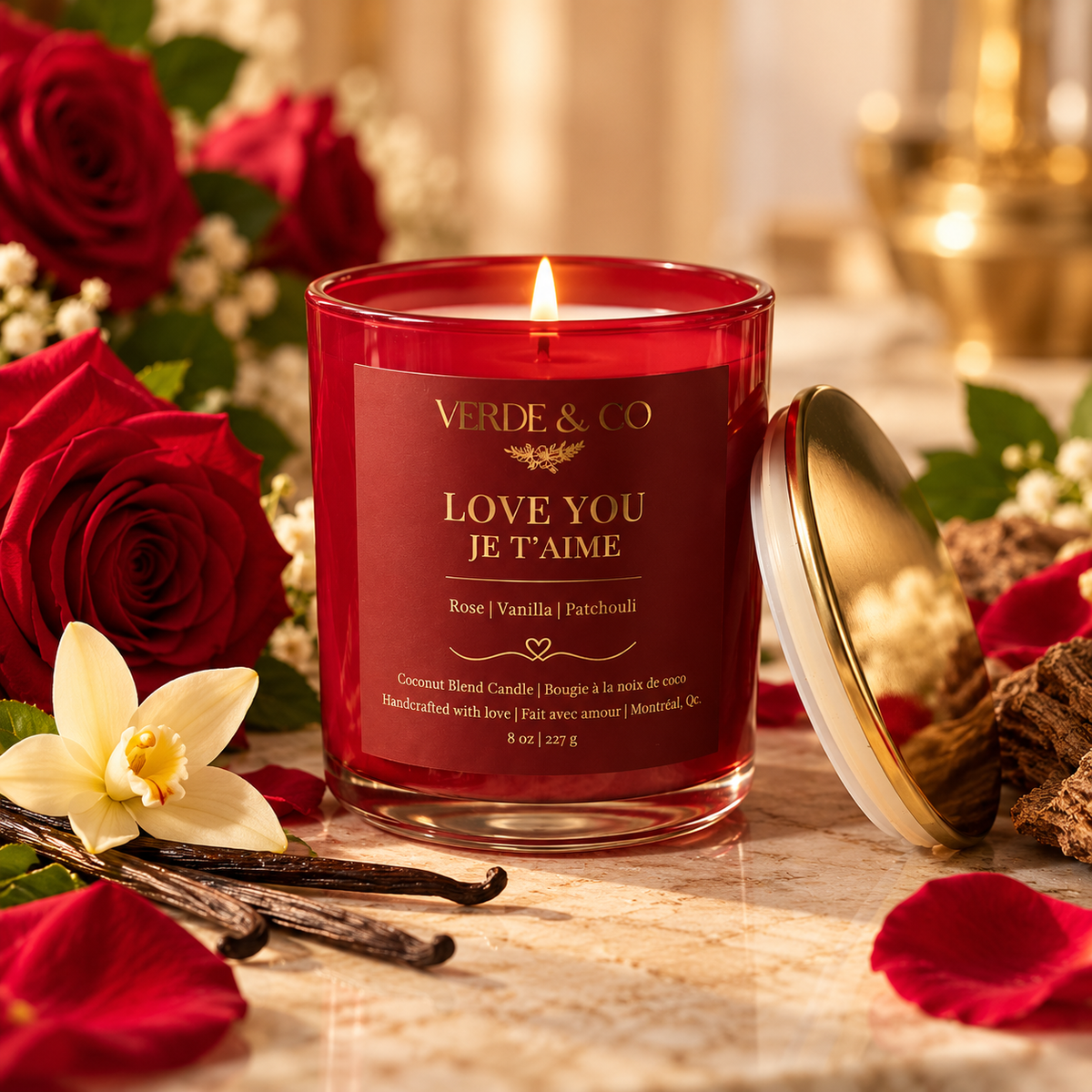 Love You | Je t’aime | Rose, Vanilla & Patchouli Candle | Coconut Soy Wax